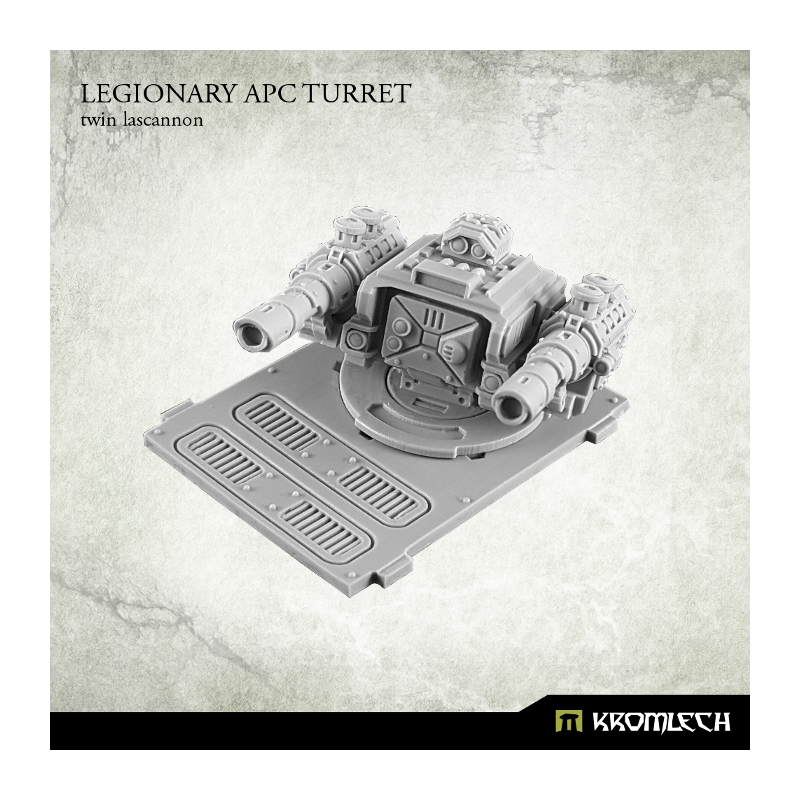 Twin lascannon turret in pale grey from the front, both lascannon muzzles facing forward over the hull panel