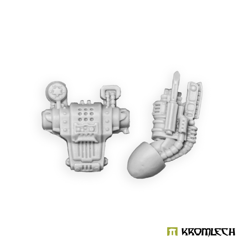 Kromlech Legionary Apothecary conversion set in pale resin: the canister backpack and the injector arm side by side