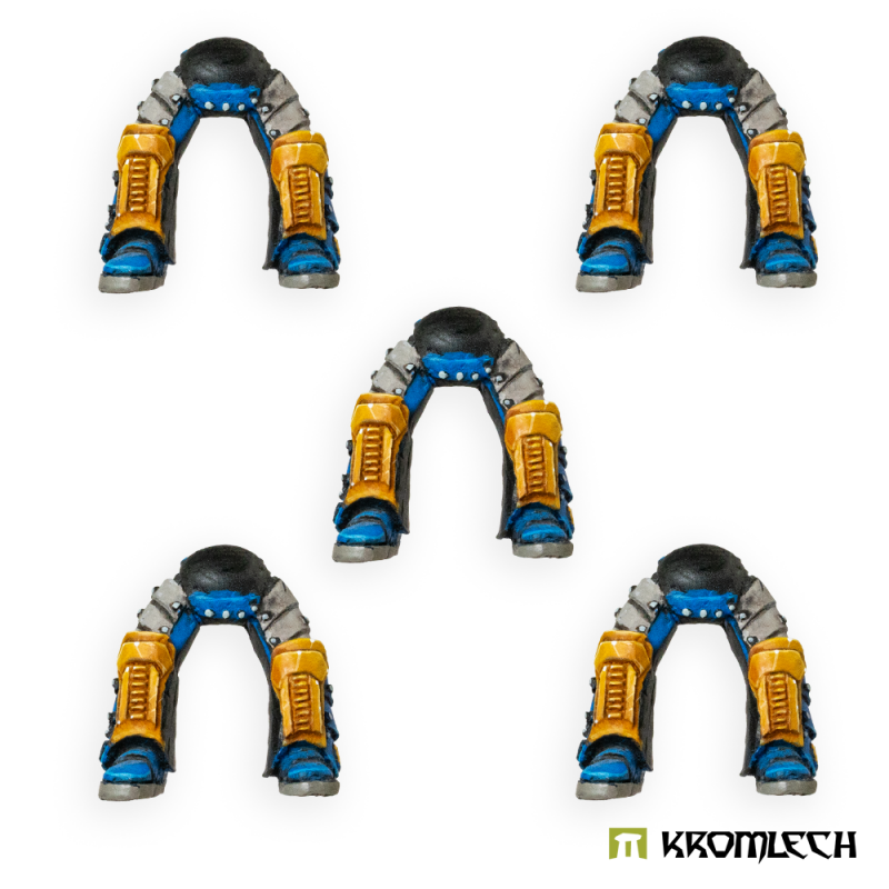 The five Legionary Biker Legs painted in yellow and blue, with dark hips and grey boots
