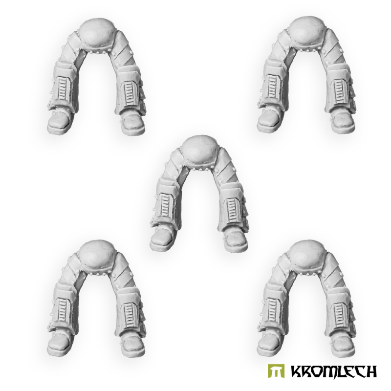 Kromlech Legionary Biker Legs in pale grey resin: five pairs of armoured legs bent at the knee in a seated pose