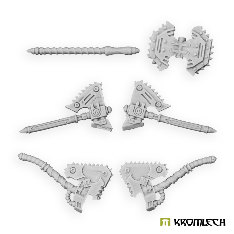 Kromlech Legionary chain axes in pale grey resin: the double-bladed head and its long haft, plus two pairs of single axes