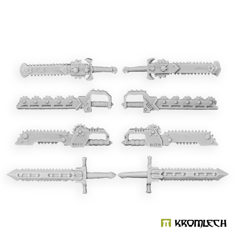 Kromlech Legionary chain swords in pale grey resin: eight blades laid flat, two of each of the four designs