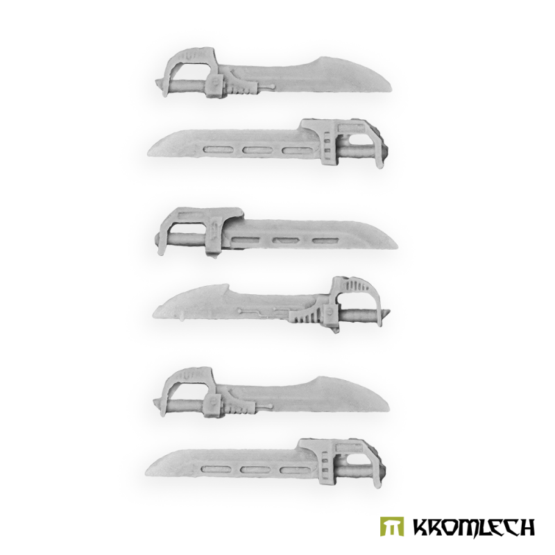 Kromlech Legionary combat blades in pale grey resin: three curved with knuckle guards, three straight with slots