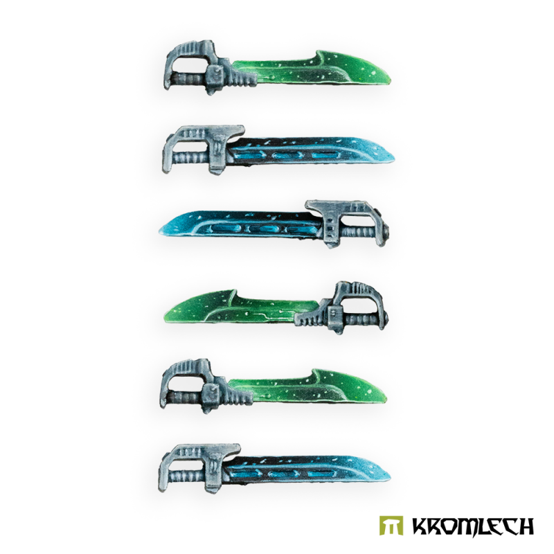 The six Legionary combat blades painted, with glowing green and blue blades and grey hilts