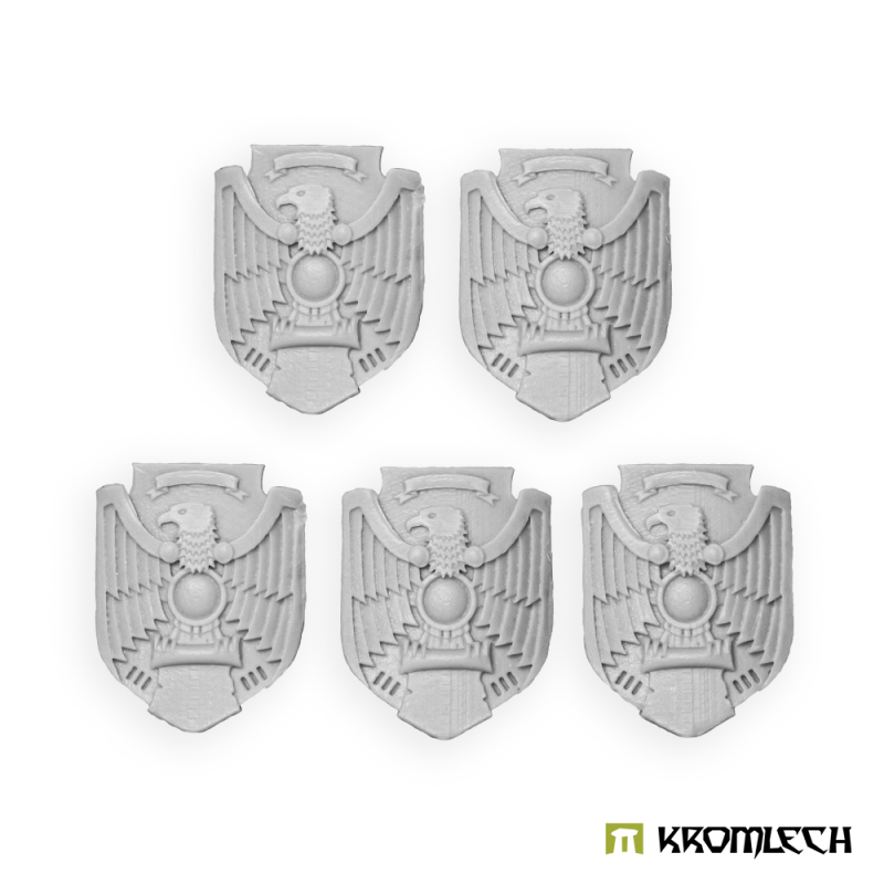 Kromlech Legionary Eagle pattern shields in pale grey resin: five shields, each with a spread-winged eagle over a round boss