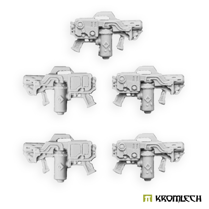 Kromlech Legionary flamethrowers in pale grey resin: five guns, each with a fuel canister under the casing and two grips