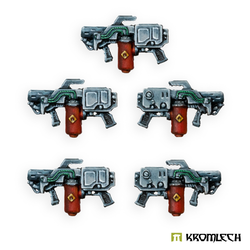 The five Legionary flamethrowers painted: dark metal casings, green pipes and red fuel canisters