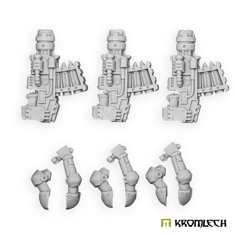 Kromlech Legionary frag launchers in pale grey resin: three launchers and their three sets of arms