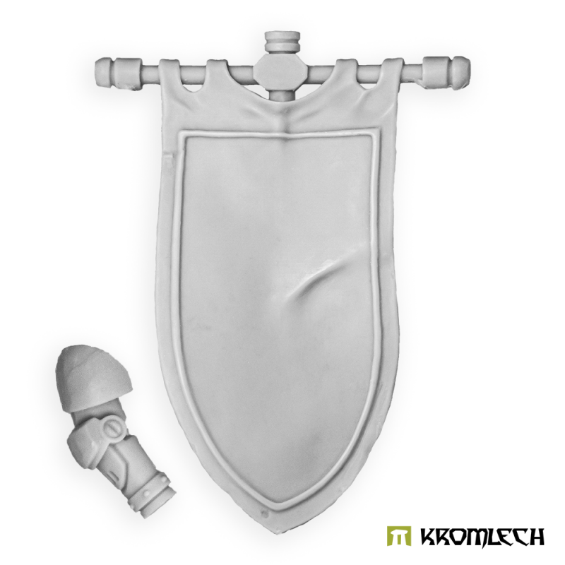 Kromlech Legionary Gladius banner in pale grey resin with its holding arm: a shield-shaped cloth hanging from a crossbar