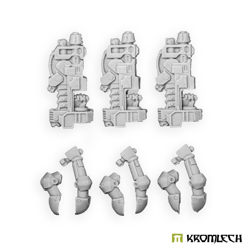 Kromlech Legionary gravity cannons in pale grey resin: three cannons above three pairs of arms