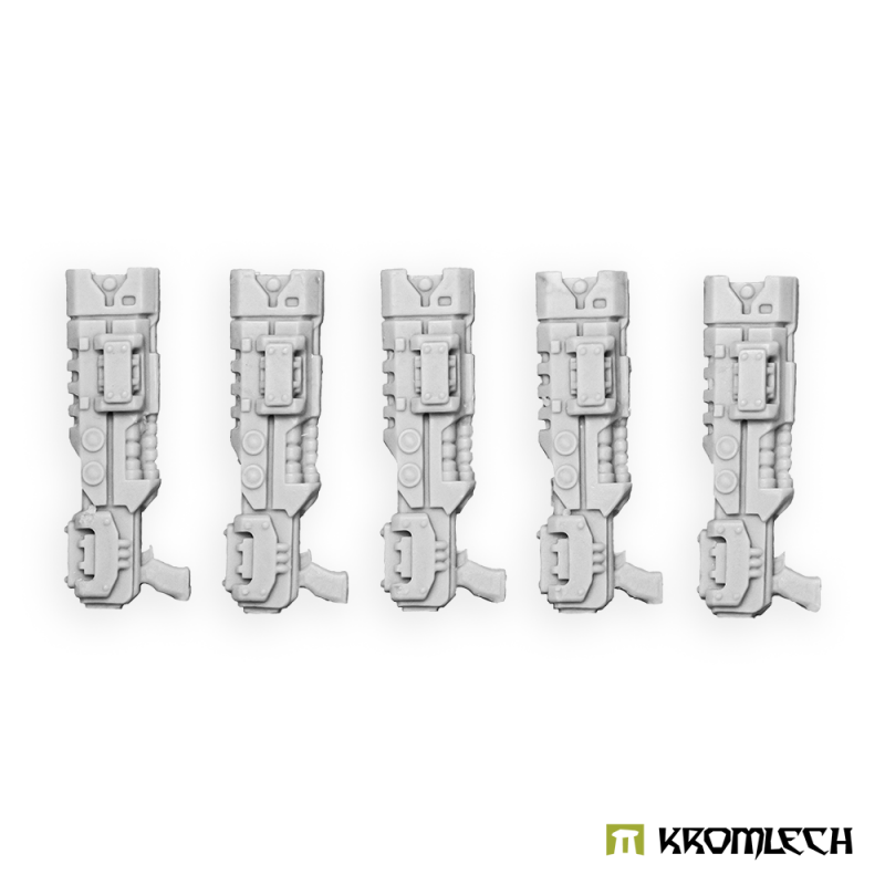 Kromlech Legionary heat-rays in pale grey resin: five weapons with slotted barrel shrouds, seen from above
