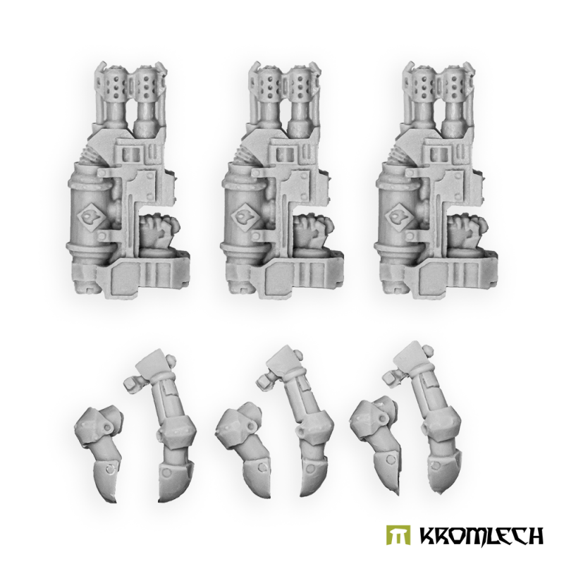 Kromlech Legionary heavy flamers in pale grey resin: three twin-barrelled flamers and their three sets of arms