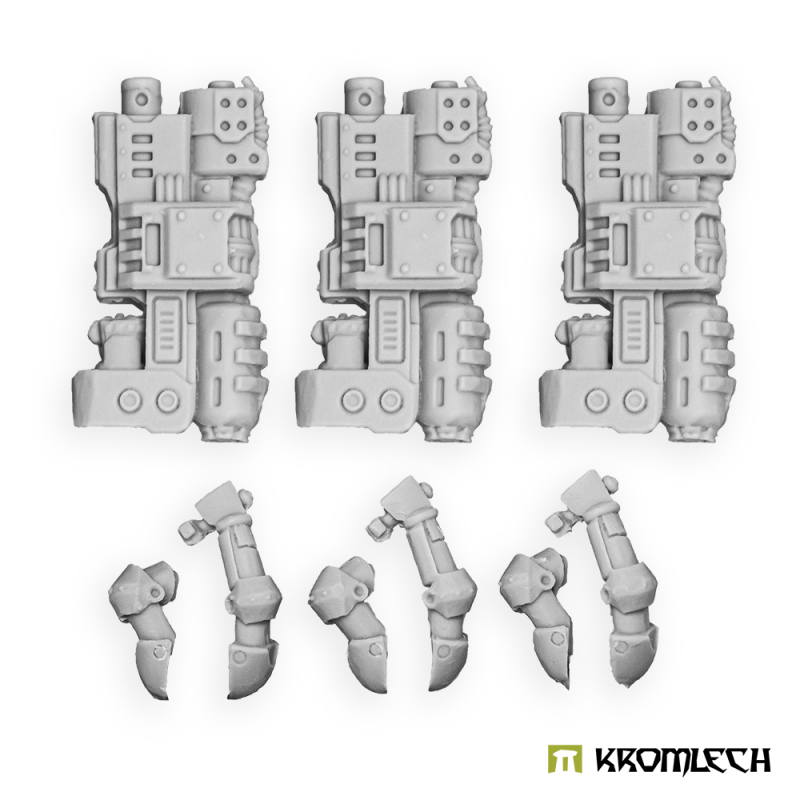 Kromlech Legionary heavy thunder guns with heavy flamers in pale grey resin: three weapons above three pairs of arms