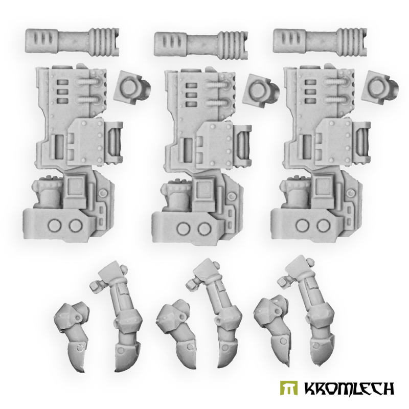 Kromlech Legionary heavy thunder guns in pale grey resin: three gun bodies, barrels, muzzle parts and three pairs of arms