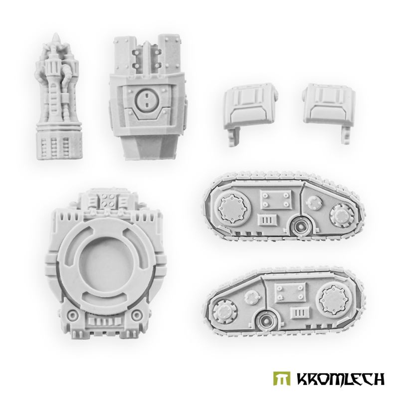 Annihilation Beamer platform parts in pale grey resin: turret, gun, two hatches, hull top and two track units