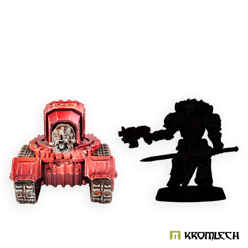 Painted Annihilation Beamer platform head-on beside a black figure silhouette for scale
