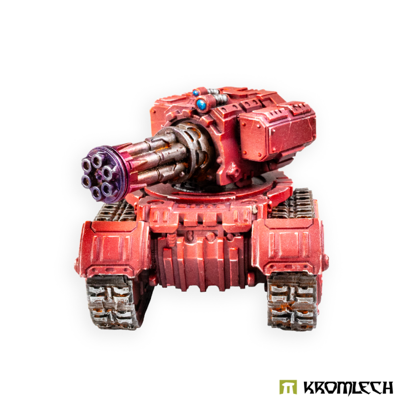 Kromlech Legionary Heavy Weapon Platform with Gatling Autocannon painted red, rotary barrels facing forward