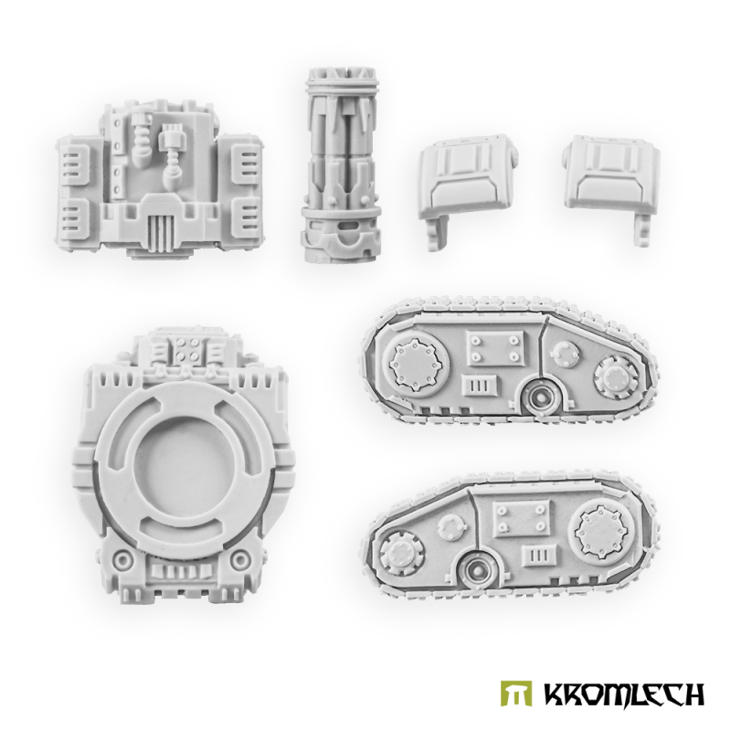 Gatling Autocannon platform parts in pale grey resin: turret, gun, two hatches, hull top and two track units