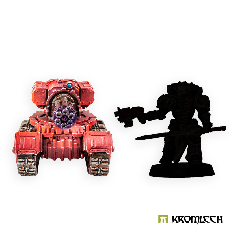 Painted Gatling Autocannon platform head-on beside a black figure silhouette for scale