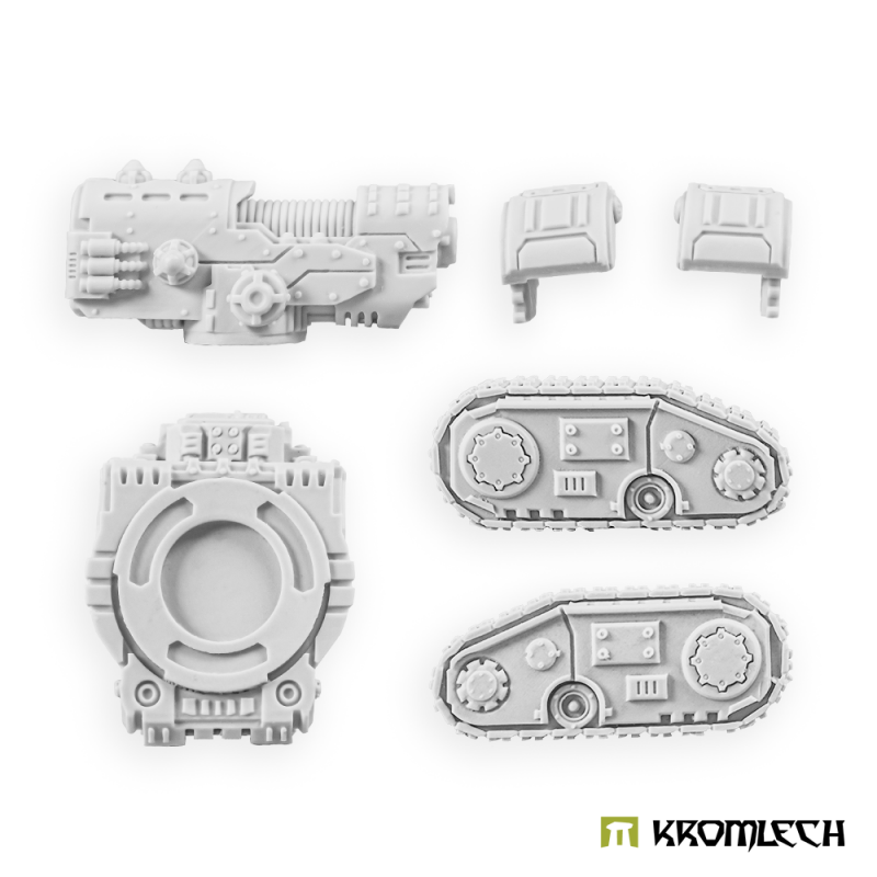 Heavy Plasma Cannon platform parts in pale grey resin: cannon, two hatches, hull top and two track units