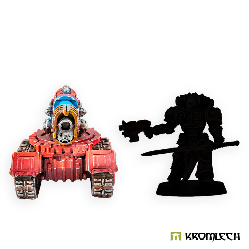 Painted Heavy Plasma Cannon platform head-on beside a black figure silhouette for scale