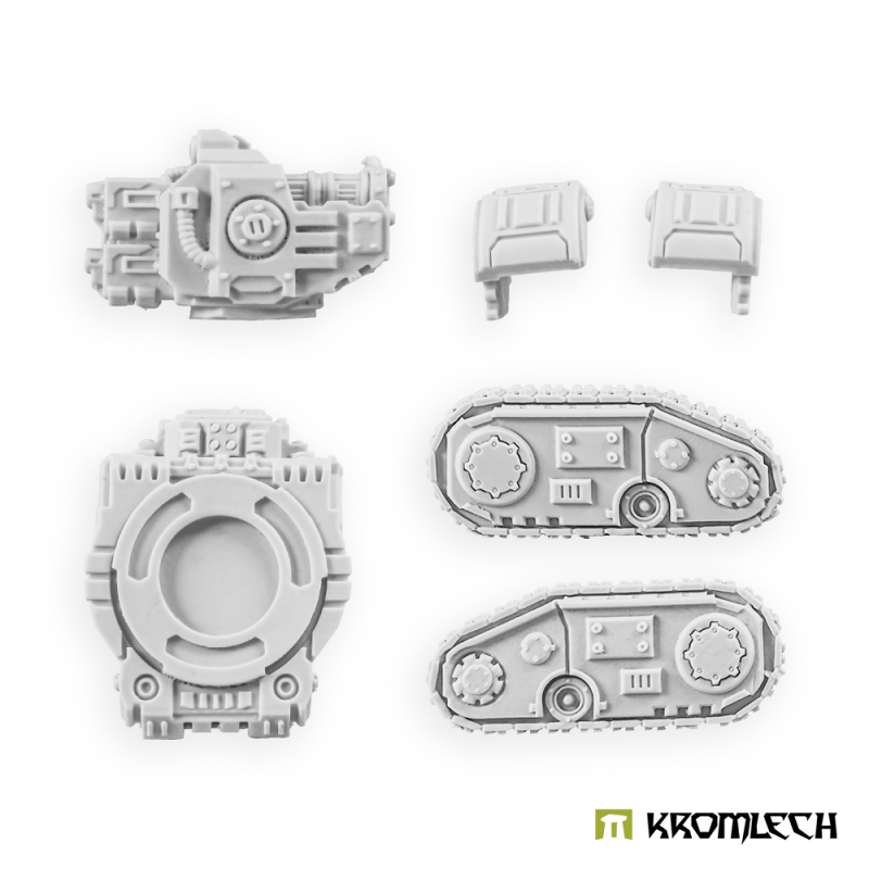 Quad Heavy Thunder Gun platform parts in pale grey resin: turret, two hatches, hull top and two track units