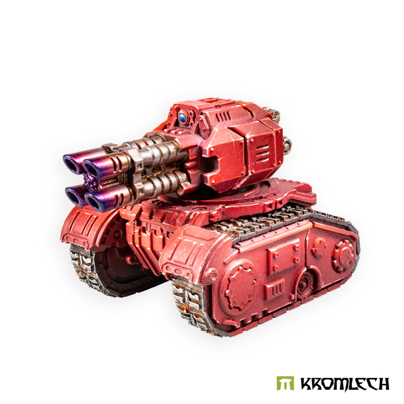 The Quad Lascannon platform painted red, turret turned towards the viewer