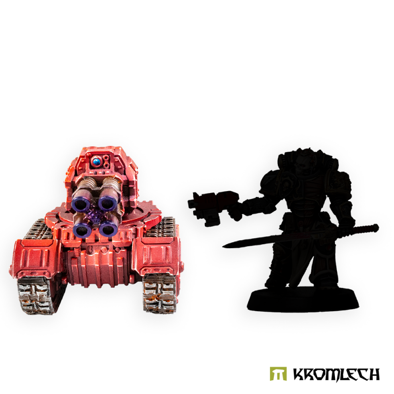 Painted Quad Lascannon platform head-on beside a black figure silhouette for scale