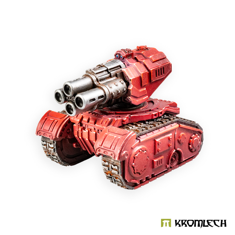Kromlech Legionary Heavy Weapon Platform with Quad Mortar painted red, four tubes angled upwards