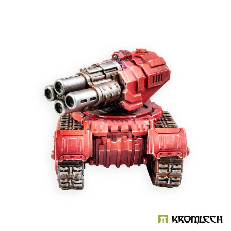 The Quad Mortar platform painted red, seen from the front quarter