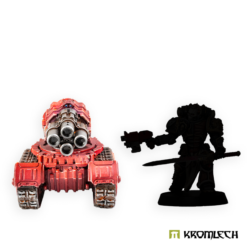 Painted Quad Mortar platform head-on beside a black figure silhouette for scale