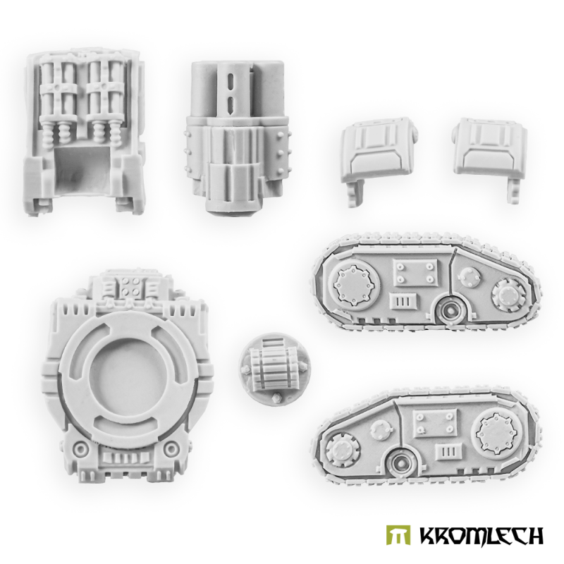Quad Mortar platform parts in pale grey resin: mortar block, turret body, pivot, two hatches, hull top and tracks