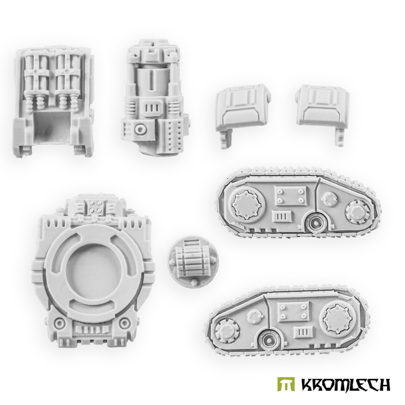 Storm Cannon platform parts in pale grey resin: cannon, turret body, pivot, two hatches, hull top and tracks