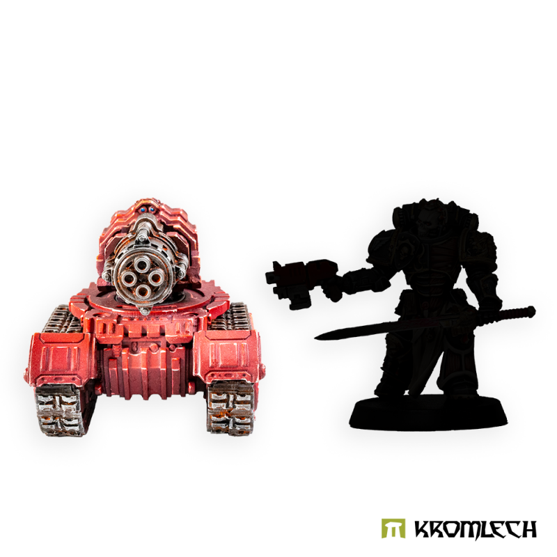 Painted Storm Cannon platform head-on beside a black figure silhouette for scale