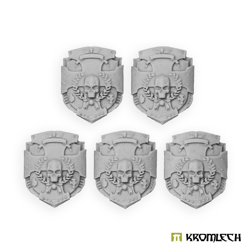 Kromlech Legionary Kreuz pattern shields in pale grey resin: five shields with a skull in a laurel wreath