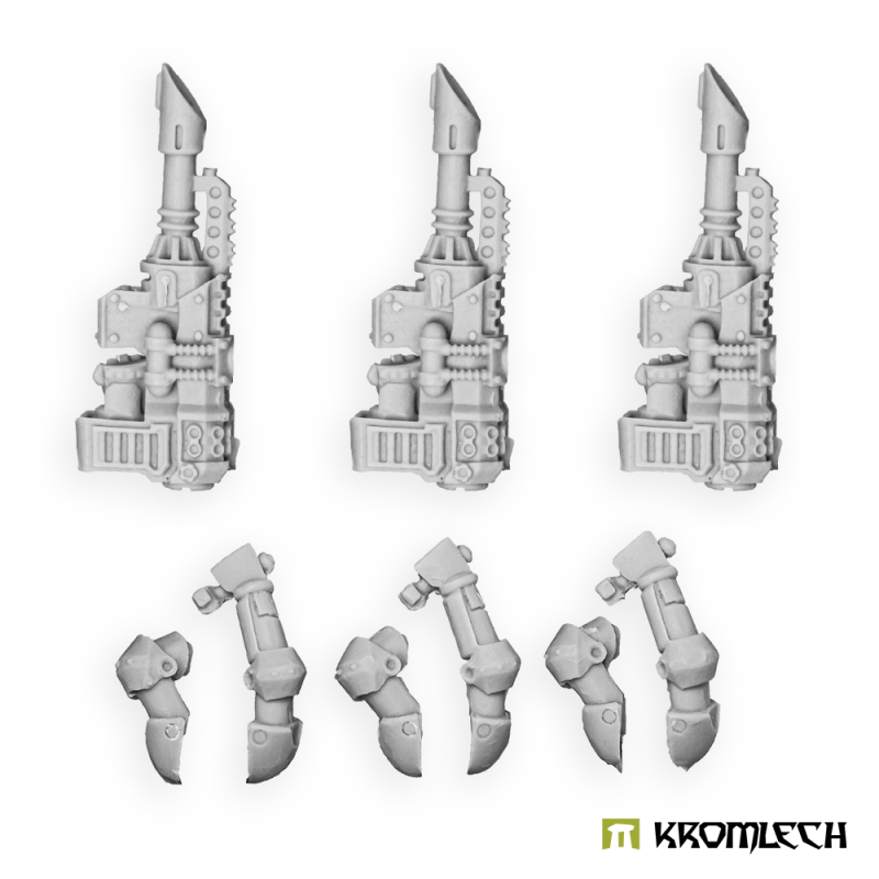 Kromlech Legionary lascannons in pale grey resin: three lascannons above three pairs of arms