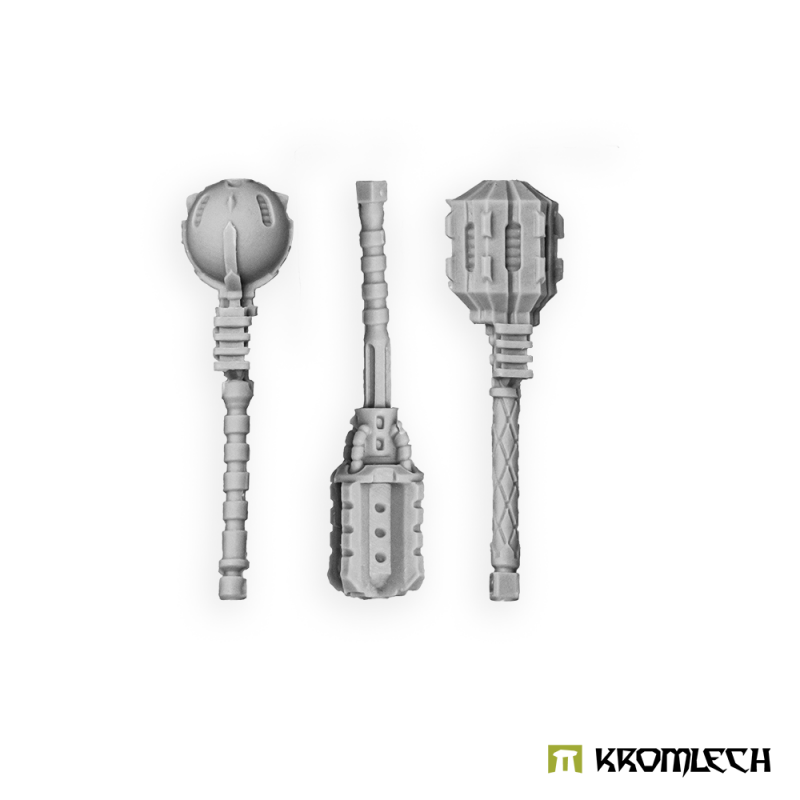 Kromlech Legionary maces in pale grey resin: a banded ball head, a studded drum head and a faceted cage head