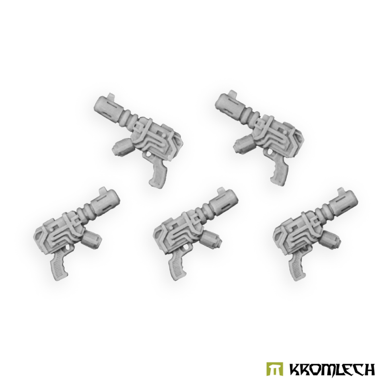 Kromlech Legionary magma pistols in pale grey resin: five one-handed guns laid out in two rows