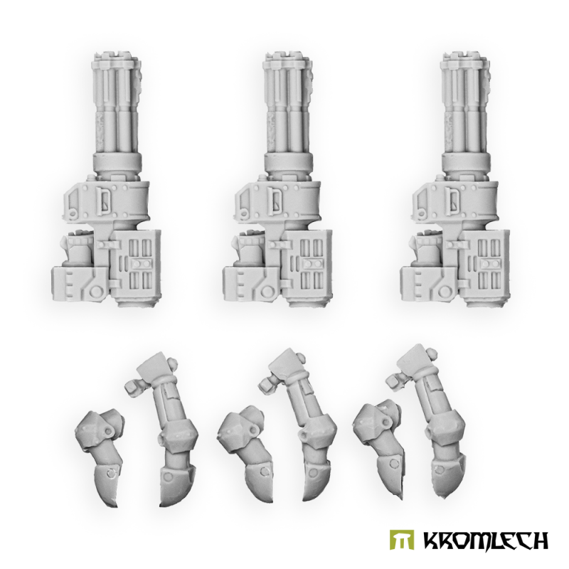 Kromlech Legionary miniguns in pale grey resin: three rotary guns above three sets of armoured arms