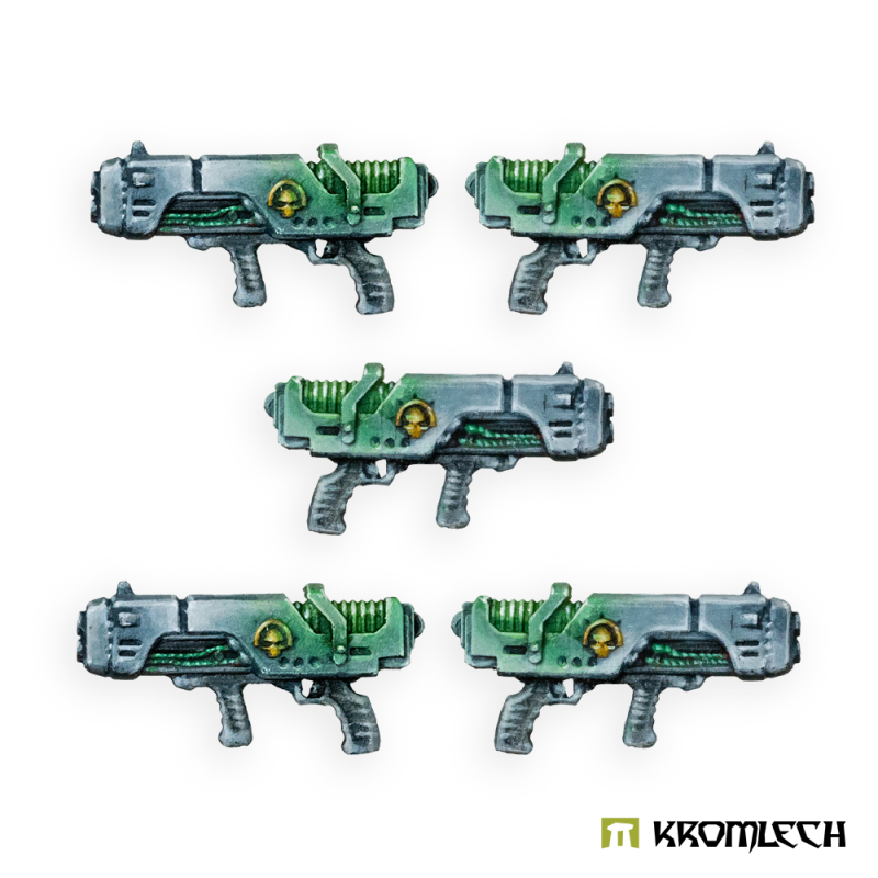 Kromlech Legionary plasma guns painted: five guns in dark metal with green coils and a yellow side emblem