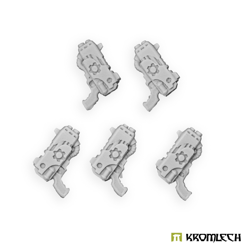 Kromlech Legionary plasma pistols in pale grey resin: five squat pistols with a cog emblem on the side