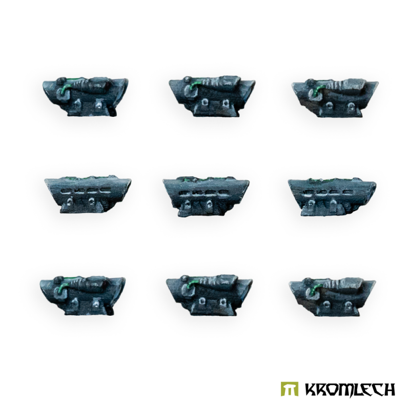 Nine Kromlech Legionary reflex sights painted dark blue-grey with green lenses