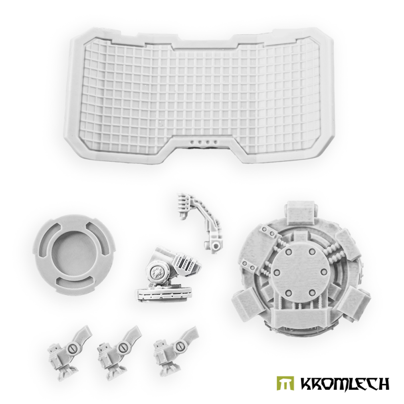 Remote Radar parts in pale resin: the gridded screen, base, top disc, mount, arm and three legs