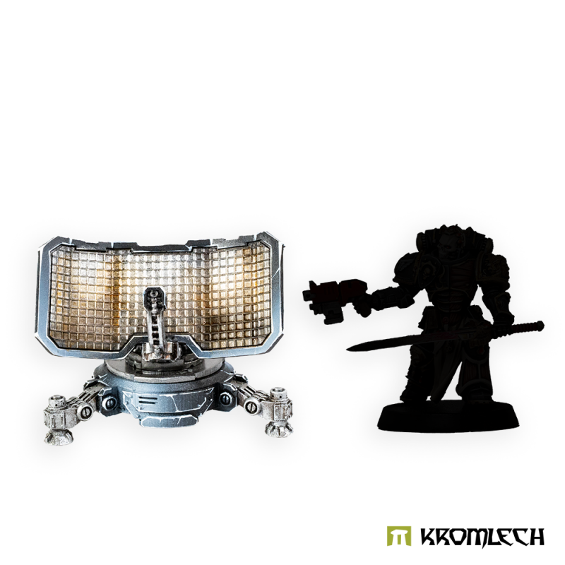 Size comparison: the Remote Radar beside the dark silhouette of a Legionary figure