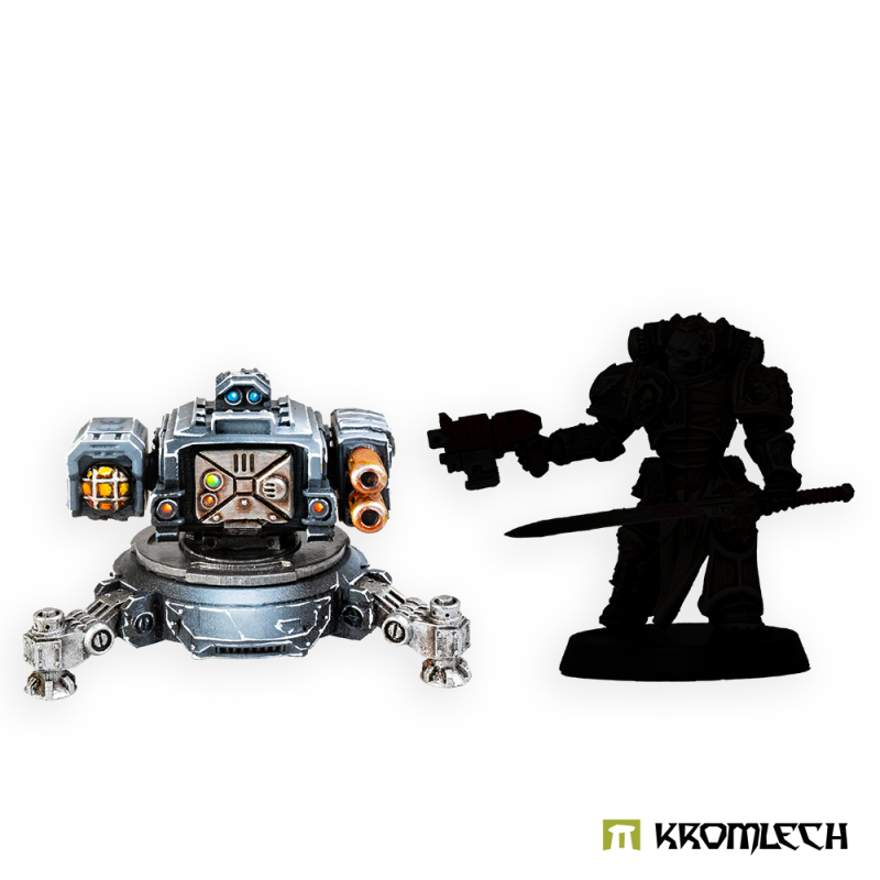 Painted magma cannon sentry gun beside a black figure silhouette for scale