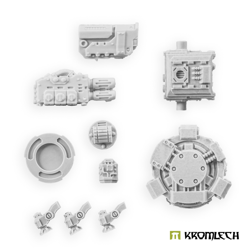 Magma cannon and searchlight sentry gun parts in pale grey resin: cannon, searchlight, turret, ring, base and legs