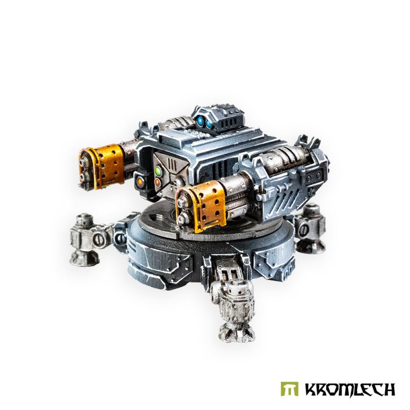 Kromlech Legionary Sentry Gun with Twin Heavy Flamers painted steel blue, orange nozzle tips, front view