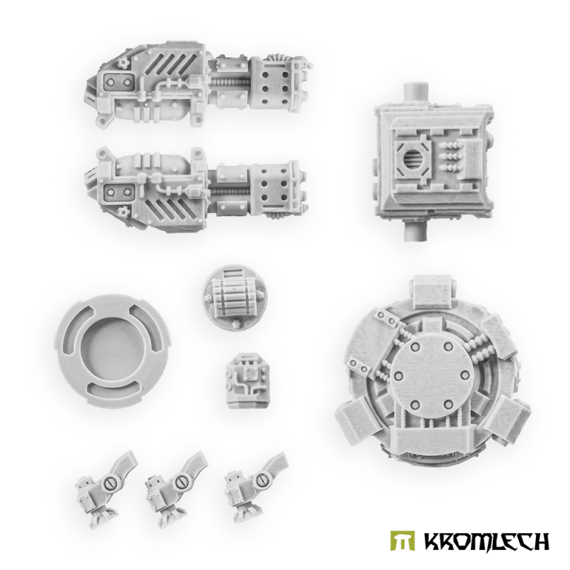 Twin Heavy Flamer sentry gun parts in pale grey resin: flamer pods, turret body, turret ring, base and legs