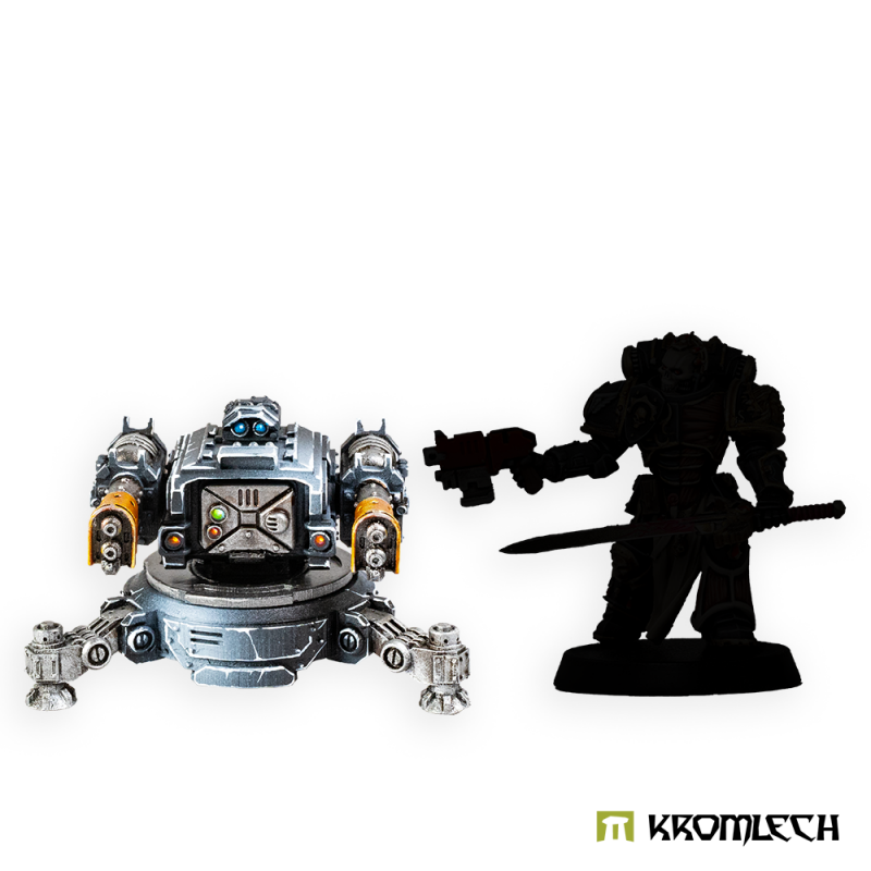 Painted Twin Heavy Flamer sentry gun beside a black figure silhouette for scale