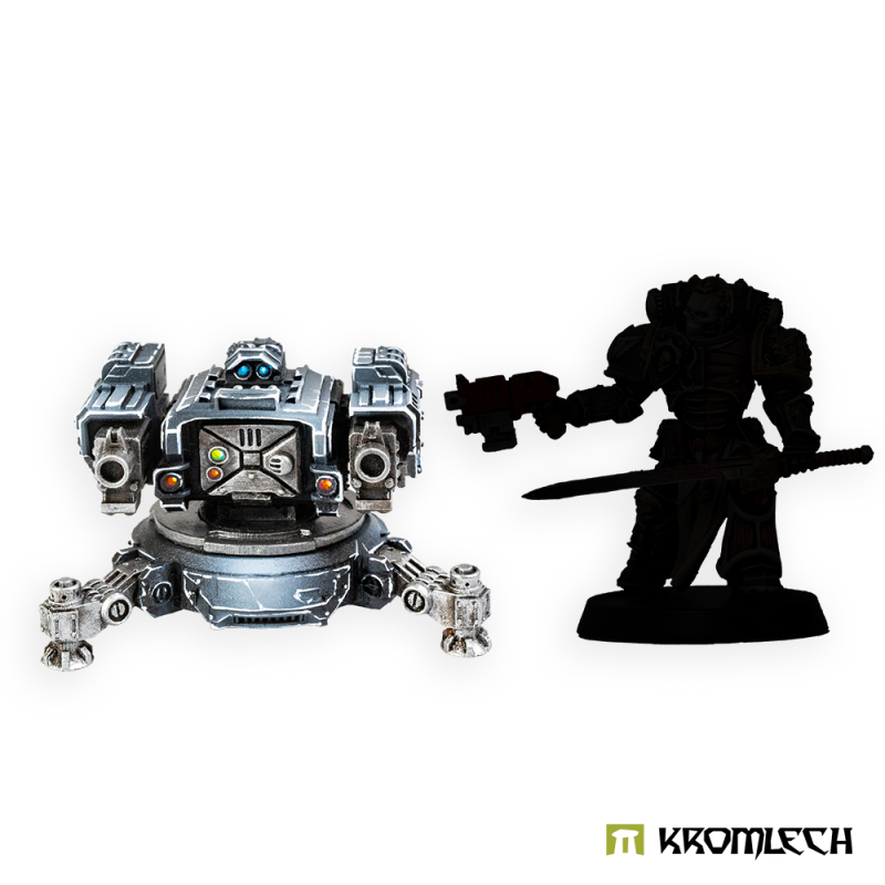 Painted Twin Heavy Thunder Gun sentry gun beside a black figure silhouette for scale
